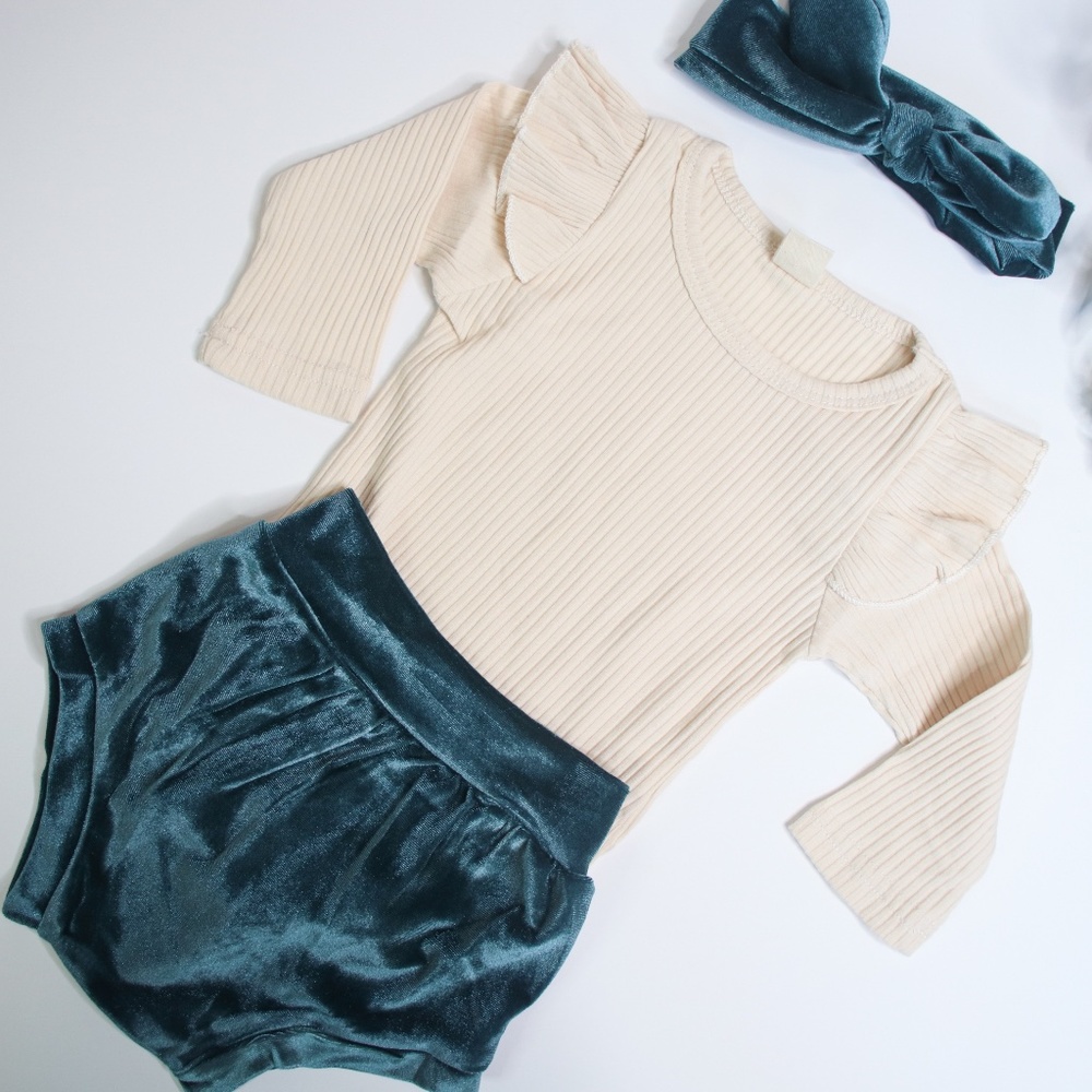 Ruffle Shoulder Velvet Bloomer Headband Set